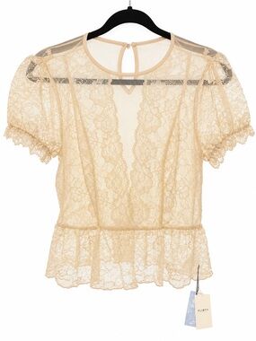 Cider Beige Lace Peplum Blouse with Puff Sleeves